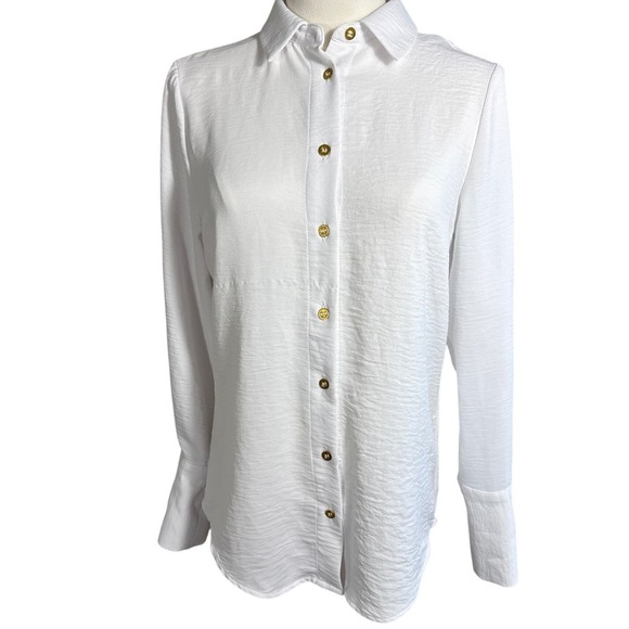 Ellen Tracy Tops - Ellen Tracy Womens White Textured Long Sleeve Button Down Blouse Gold Buttons XS